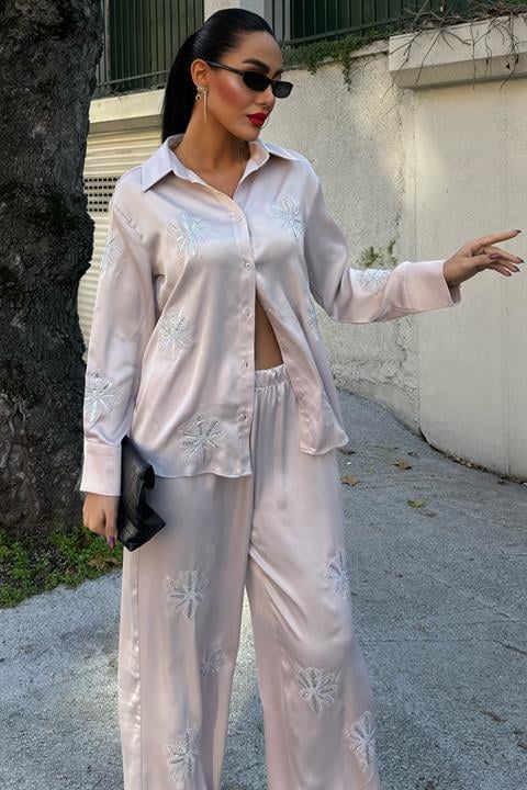 Sequined Glittered Floral Satin Double Suit 10044