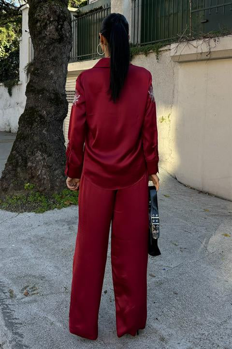 Sequined Glittered Floral Satin Double Suit 10044