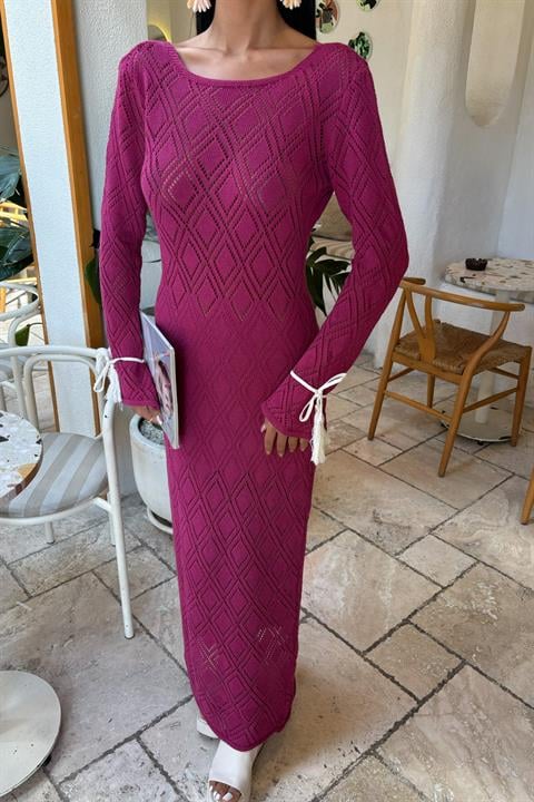 Tassel Lace Detailed V-Neck Openwork Dress 2850