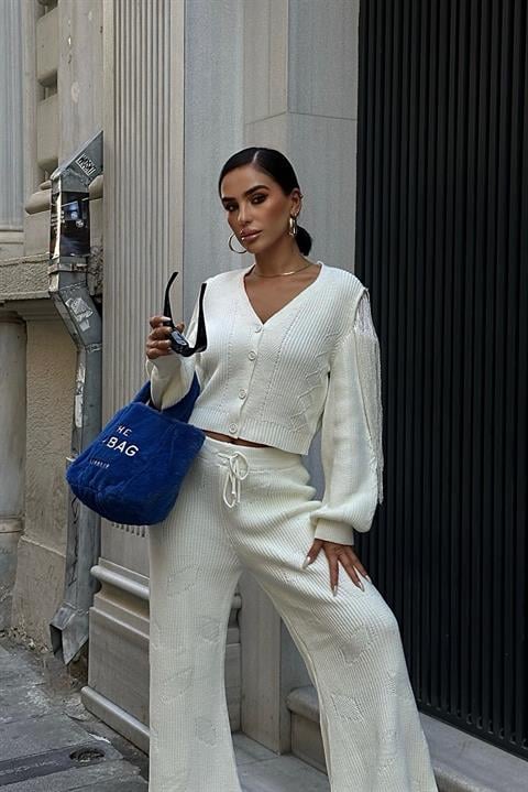 Tassel Detailed Cardigan Trousers Knitwear Suit 9967