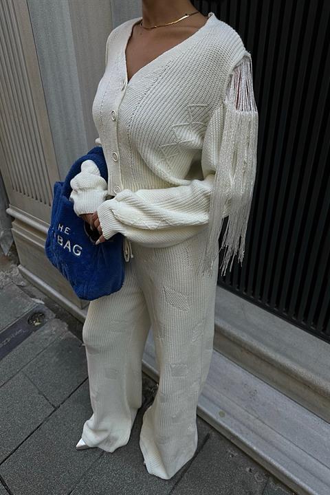 Tassel Detailed Cardigan Trousers Knitwear Suit 9967