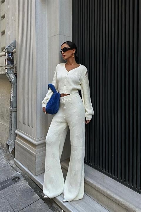 Tassel Detailed Cardigan Trousers Knitwear Suit 9967
