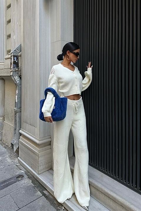 Tassel Detailed Cardigan Trousers Knitwear Suit 9967