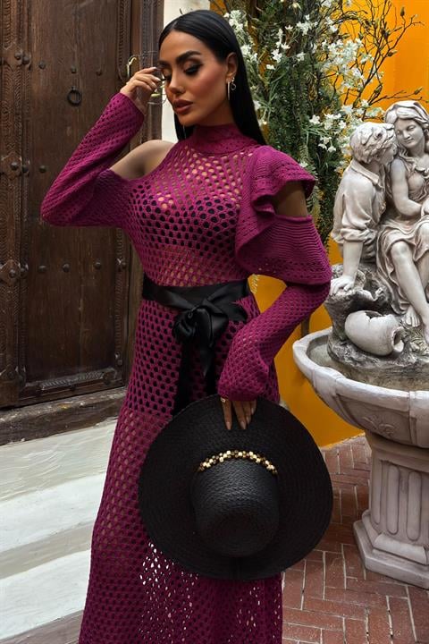 Satin Belted Openwork Knit Dress 2847
