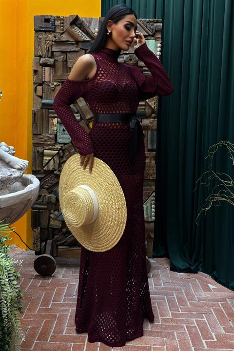 Satin Belted Openwork Knit Dress 2847