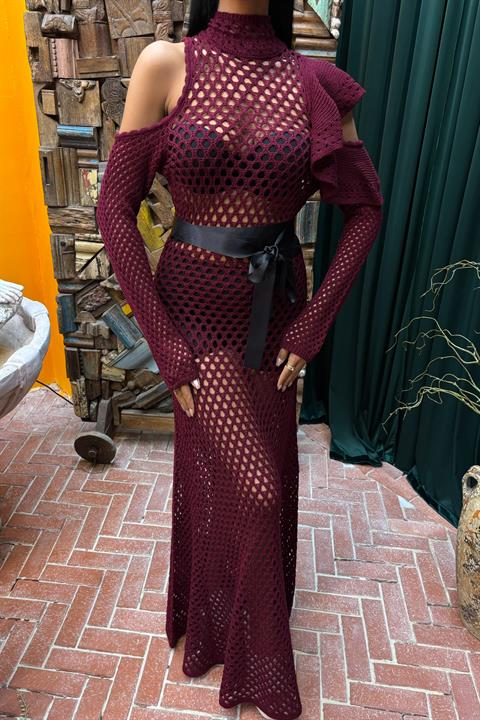 Satin Belted Openwork Knit Dress 2847