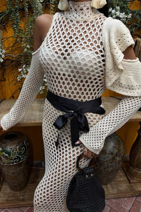 Satin Belted Openwork Knit Dress 2847