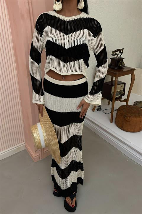 Strip Detailed Spanish Sleeve Openwork Suit 10140