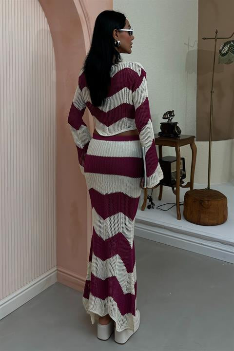 Strip Detailed Spanish Sleeve Openwork Suit 10140