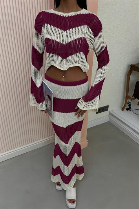 Strip Detailed Spanish Sleeve Openwork Suit 10140