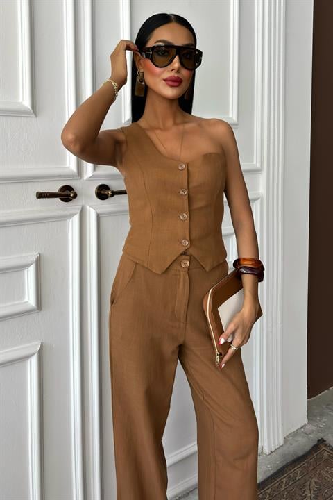 One Shoulder Bustier Plazzo Trousers Viscose Suit 10159