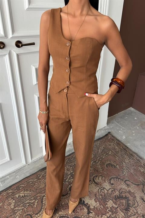 One Shoulder Bustier Plazzo Trousers Viscose Suit 10159