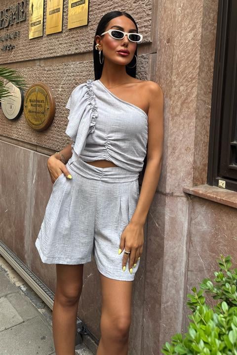 One Shoulder and Ruffle Detailed Linen Suit 10158