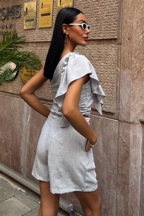 One Shoulder and Ruffle Detailed Linen Suit 10158