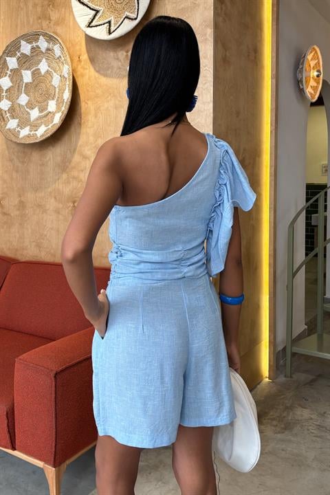 One Shoulder and Ruffle Detailed Linen Suit 10158