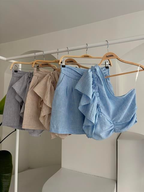 One Shoulder and Ruffle Detailed Linen Suit 10158