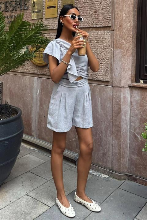 One Shoulder and Ruffle Detailed Linen Suit 10158