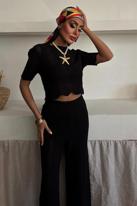 Knitted Blouse Trousers Two Piece Set 10084-025