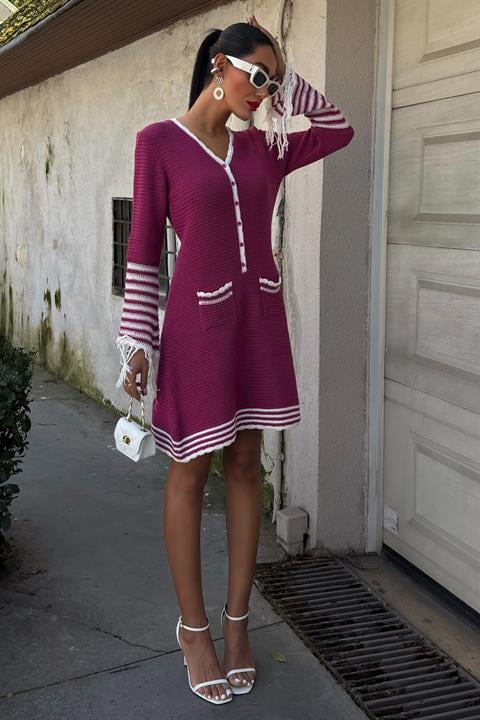 Knitwear Sleeves Tasseled Buttoned Dress 2849