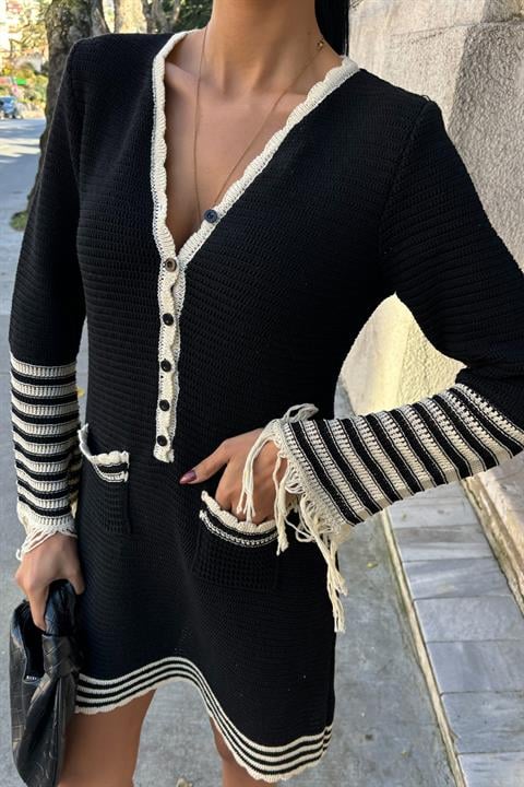 Knitwear Sleeves Tasseled Buttoned Dress 2849