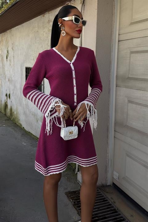 Knitwear Sleeves Tasseled Buttoned Dress 2849