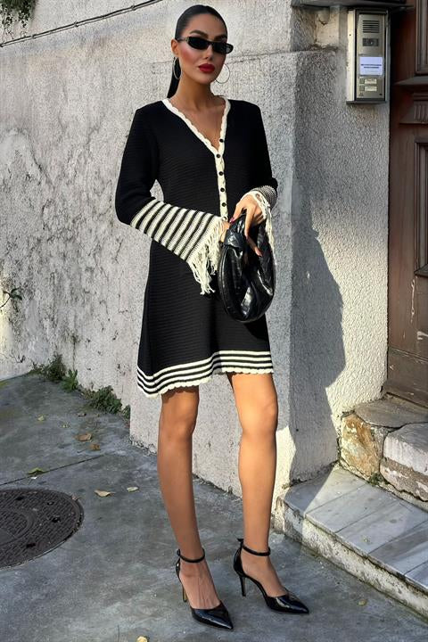 Knitwear Sleeves Tasseled Buttoned Dress 2849