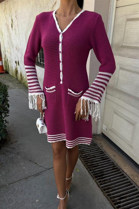 Knitwear Sleeves Tasseled Buttoned Dress 2849