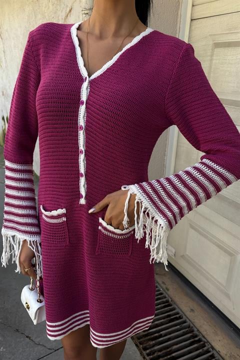Knitwear Sleeves Tasseled Buttoned Dress 2849