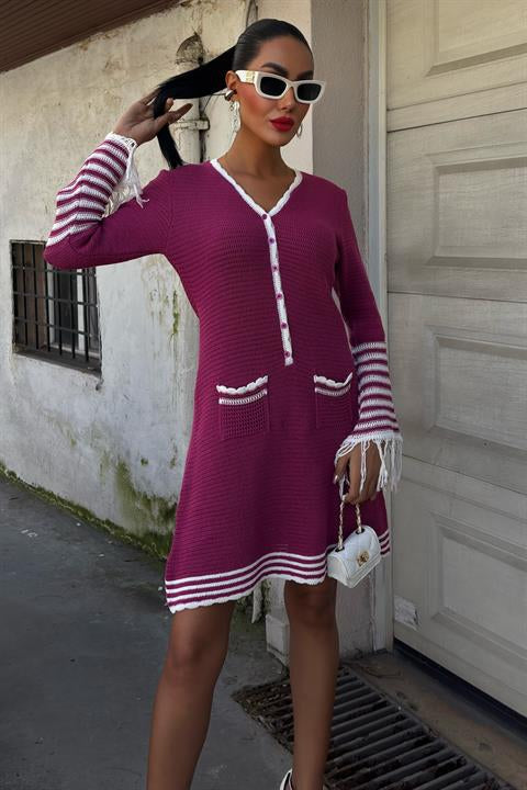 Knitwear Sleeves Tasseled Buttoned Dress 2849