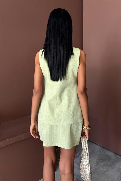 Long Vest Mini Skirt Flamed Linen Suit 10148