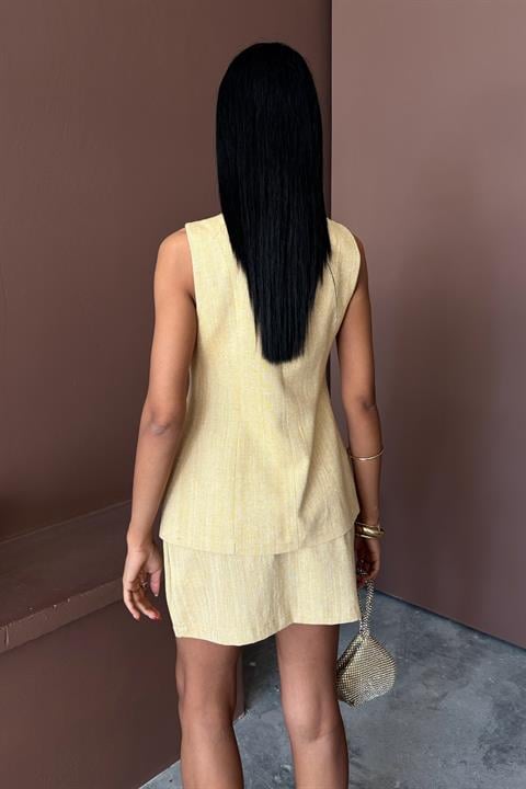 Long Vest Mini Skirt Flamed Linen Suit 10148