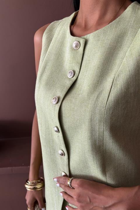 Long Vest Mini Skirt Flamed Linen Suit 10148