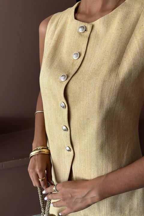 Long Vest Mini Skirt Flamed Linen Suit 10148