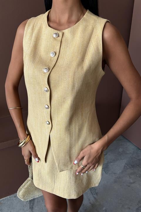 Long Vest Mini Skirt Flamed Linen Suit 10148