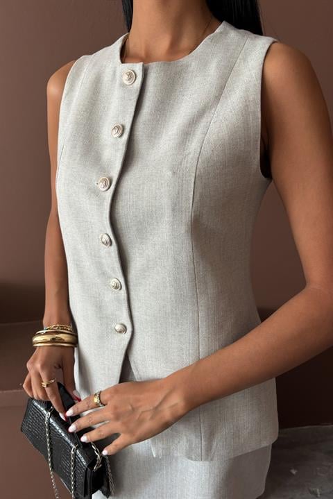 Long Vest Mini Skirt Flamed Linen Suit 10148