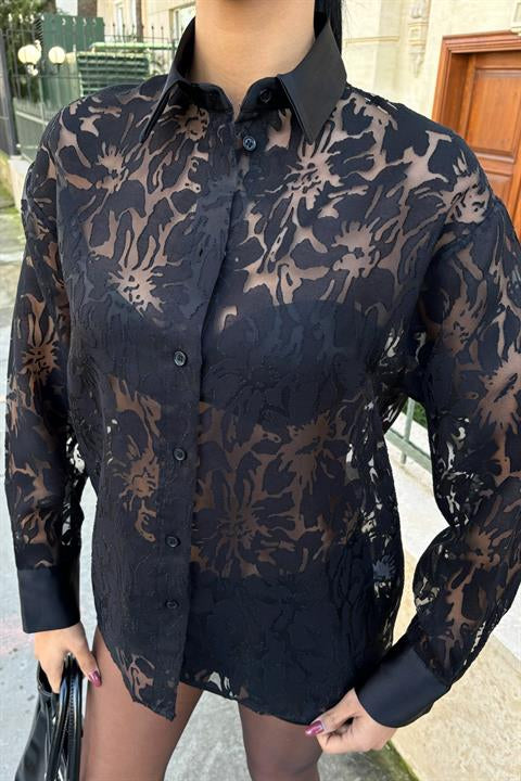 Collar Sleeve Satin Laser Motif Viscose Shirt 3412