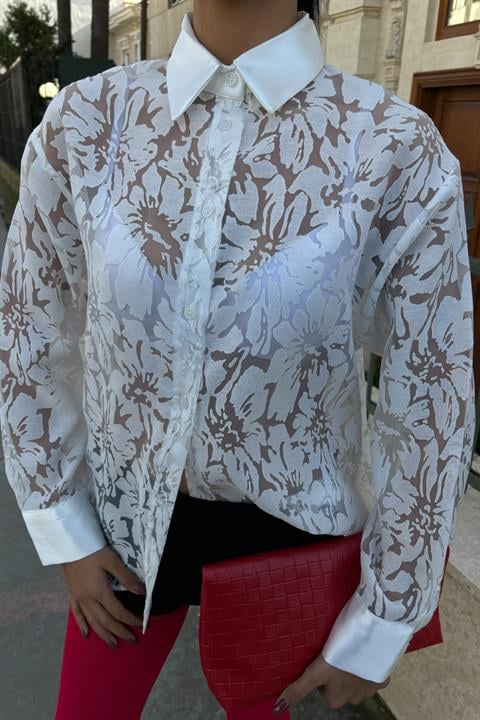 Collar Sleeve Satin Laser Motif Viscose Shirt 3412