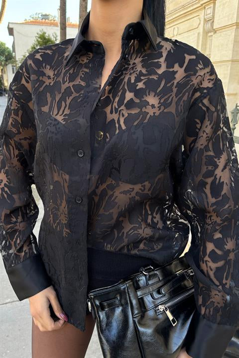 Collar Sleeve Satin Laser Motif Viscose Shirt 3412