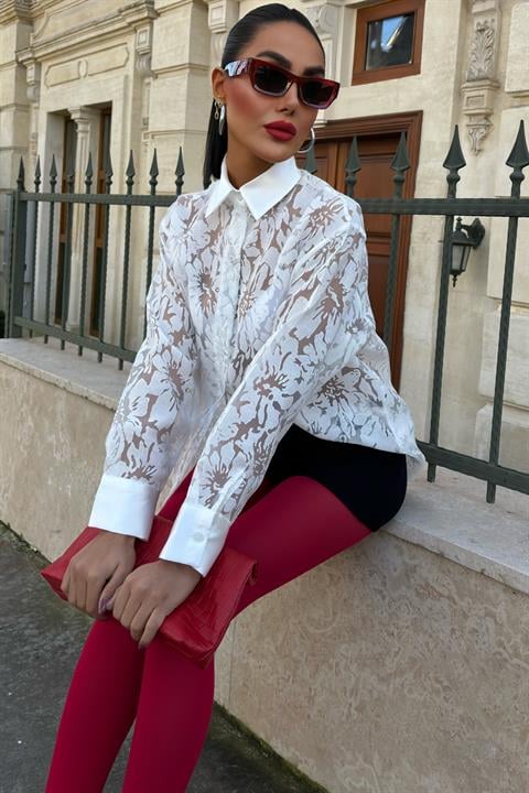 Collar Sleeve Satin Laser Motif Viscose Shirt 3412