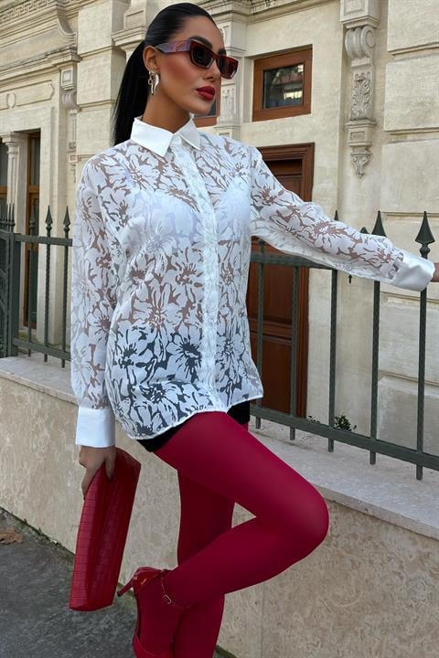 Collar Sleeve Satin Laser Motif Viscose Shirt 3412