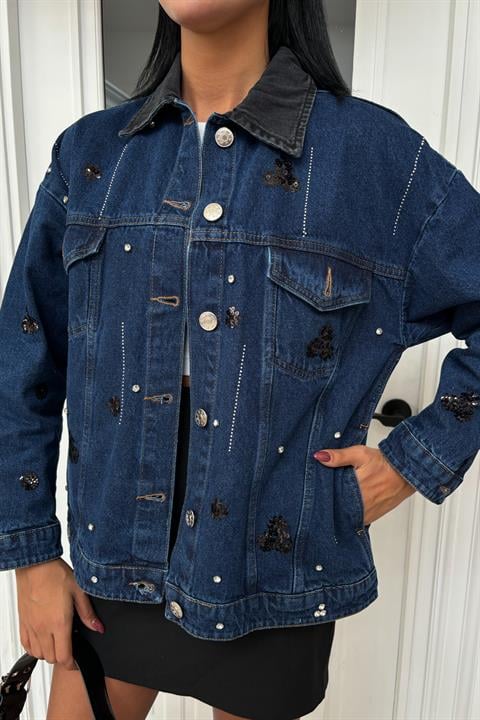 Collar Black Garni Sequined Stone Oversize Denim Jacket 6125
