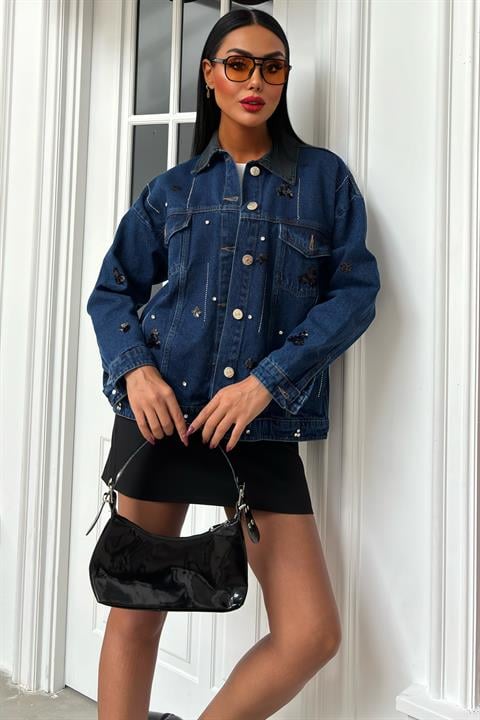 Collar Black Garni Sequined Stone Oversize Denim Jacket 6125