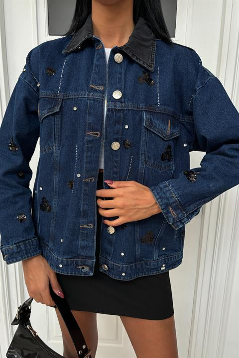 Collar Black Garni Sequined Stone Oversize Denim Jacket 6125