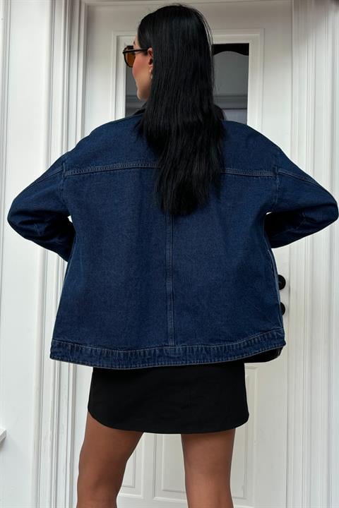 Collar Black Garni Sequined Stone Oversize Denim Jacket 6125