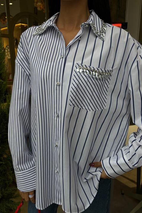 Striped Over Shirt with Stoned Collar and Pocket 3406