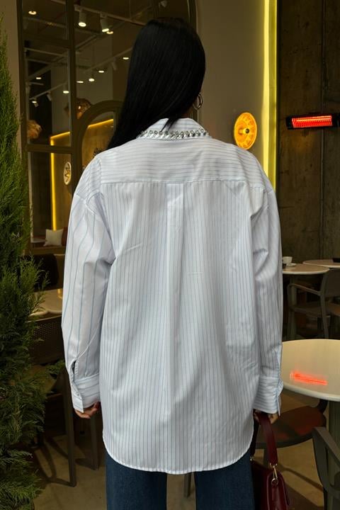 Striped Over Shirt with Stoned Collar and Pocket 3406