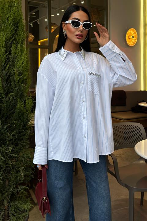 Striped Over Shirt with Stoned Collar and Pocket 3406
