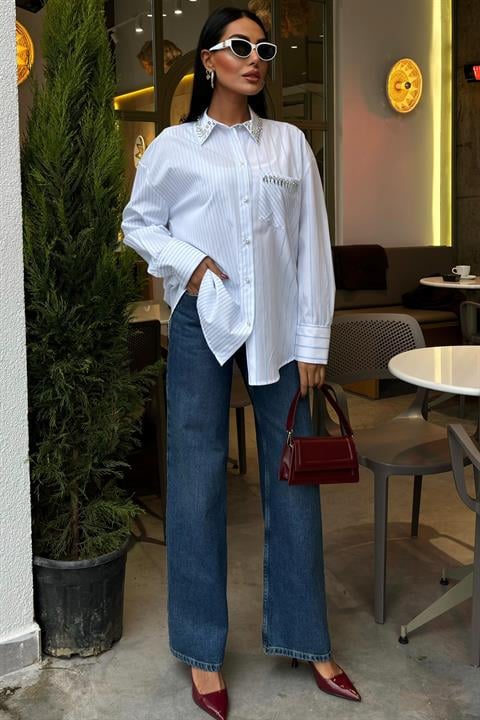 Striped Over Shirt with Stoned Collar and Pocket 3406