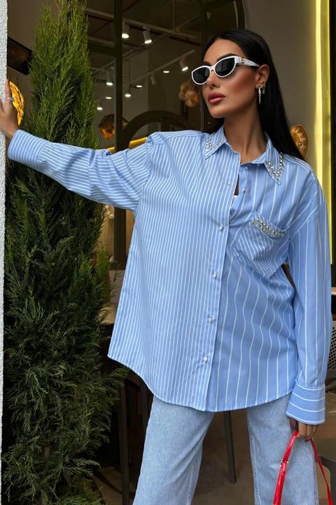 Striped Over Shirt with Stoned Collar and Pocket 3406