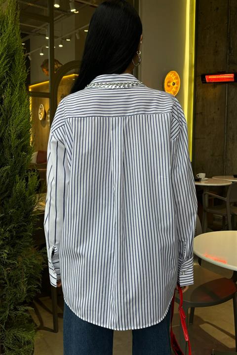 Striped Over Shirt with Stoned Collar and Pocket 3406